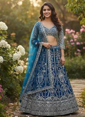 Sky Blue Faux Georgette Wedding Wear Lehenga Choli 1