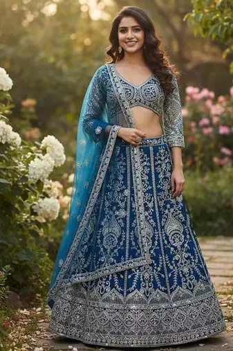 Sky Blue Faux Georgette Wedding Wear Lehenga Choli
