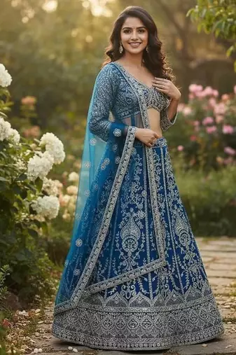 Sky Blue Faux Georgette Wedding Wear Lehenga Choli