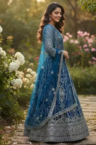 Sky Blue Faux Georgette Wedding Wear Lehenga Choli