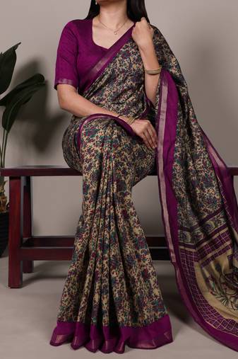 polyester viscose chanderi printed saree with zari weaving work
