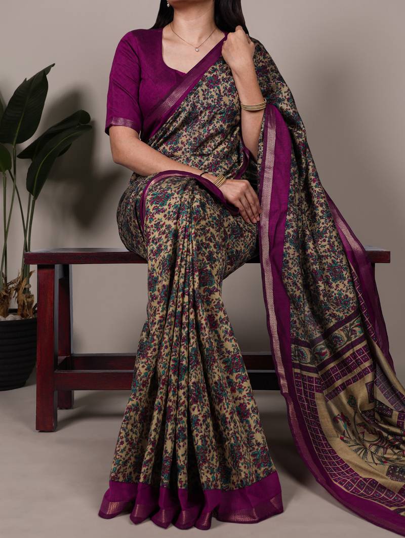 polyester viscose chanderi printed saree with zari weaving work