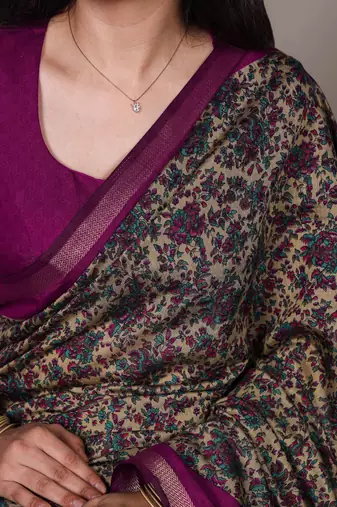 polyester viscose chanderi printed saree with zari weaving work