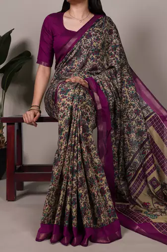 polyester viscose chanderi printed saree with zari weaving work