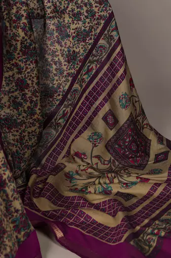 polyester viscose chanderi printed saree with zari weaving work