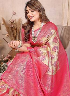 cream color zari weaving banarasi tissue silk blend saree 1