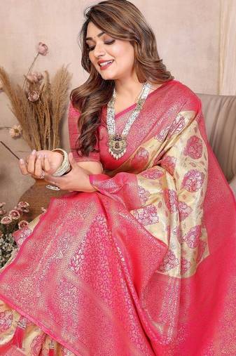 cream color zari weaving banarasi tissue silk blend saree