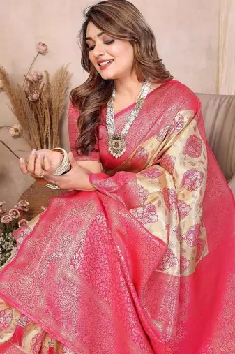 cream color zari weaving banarasi tissue silk blend saree