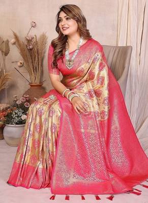 cream color zari weaving banarasi tissue silk blend saree 2