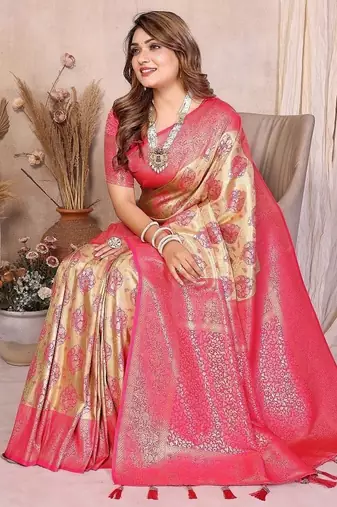 cream color zari weaving banarasi tissue silk blend saree