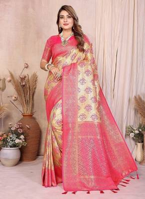 cream color zari weaving banarasi tissue silk blend saree 3