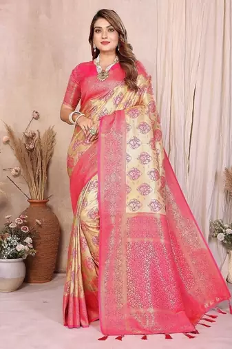 cream color zari weaving banarasi tissue silk blend saree