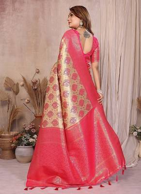 cream color zari weaving banarasi tissue silk blend saree 4
