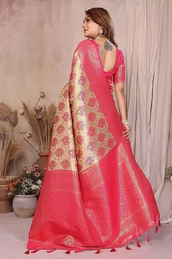 cream color zari weaving banarasi tissue silk blend saree