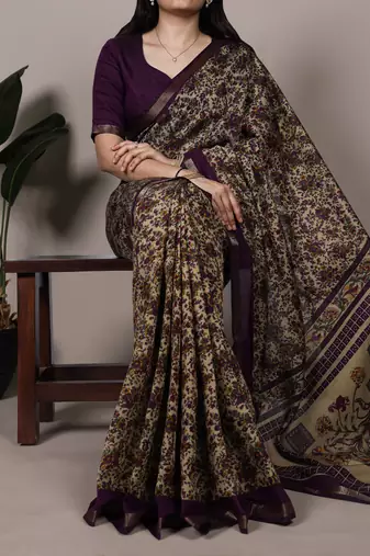 polyester viscose chanderi printed saree with zari weaving work