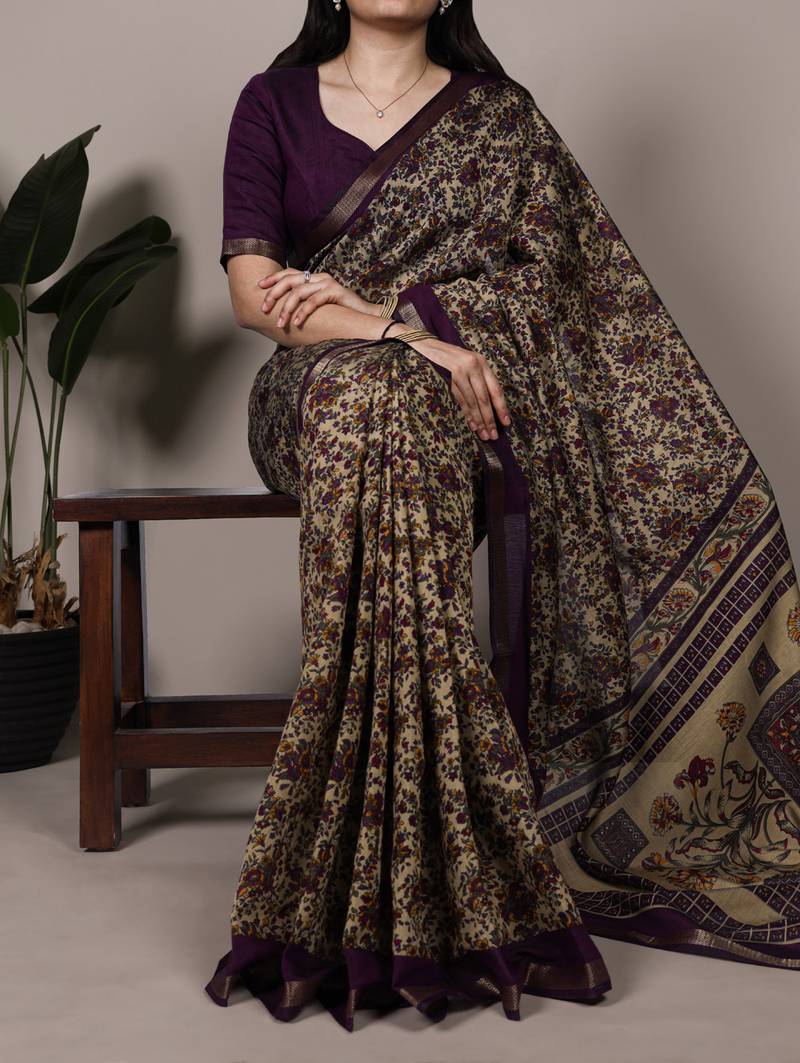 polyester viscose chanderi printed saree with zari weaving work