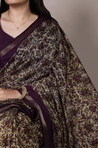 polyester viscose chanderi printed saree with zari weaving work