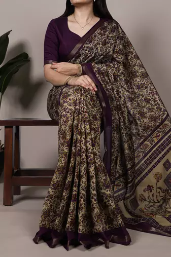 polyester viscose chanderi printed saree with zari weaving work