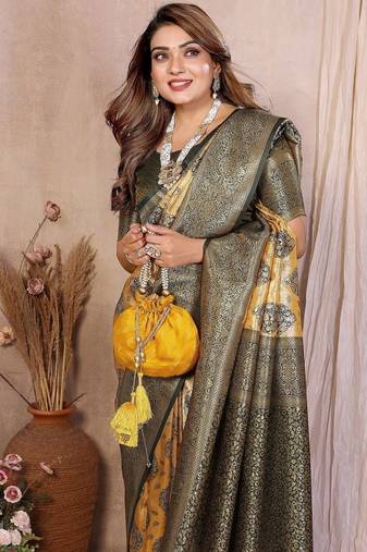 Gold Color Zari Weaving Banarasi Tissue Silk Saree