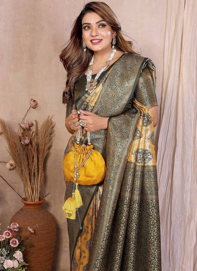 Gold Color Zari Weaving Banarasi Tissue Silk Saree