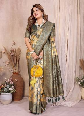 Gold Color Zari Weaving Banarasi Tissue Silk Saree 2