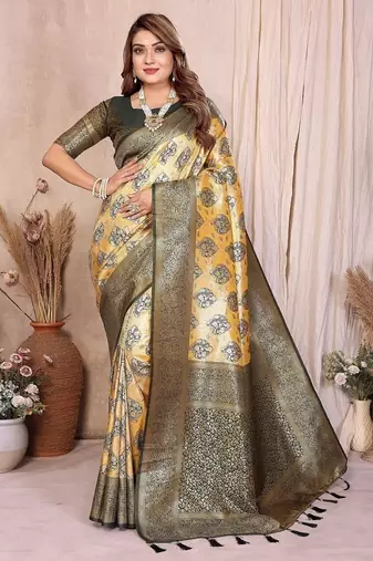 Gold Color Zari Weaving Banarasi Tissue Silk Saree