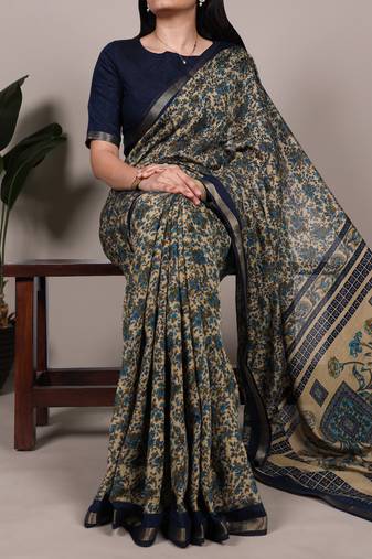 polyester viscose chanderi printed saree with zari weaving work