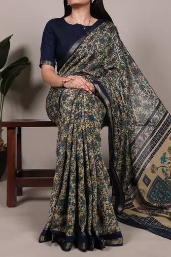 polyester viscose chanderi printed saree with zari weaving work