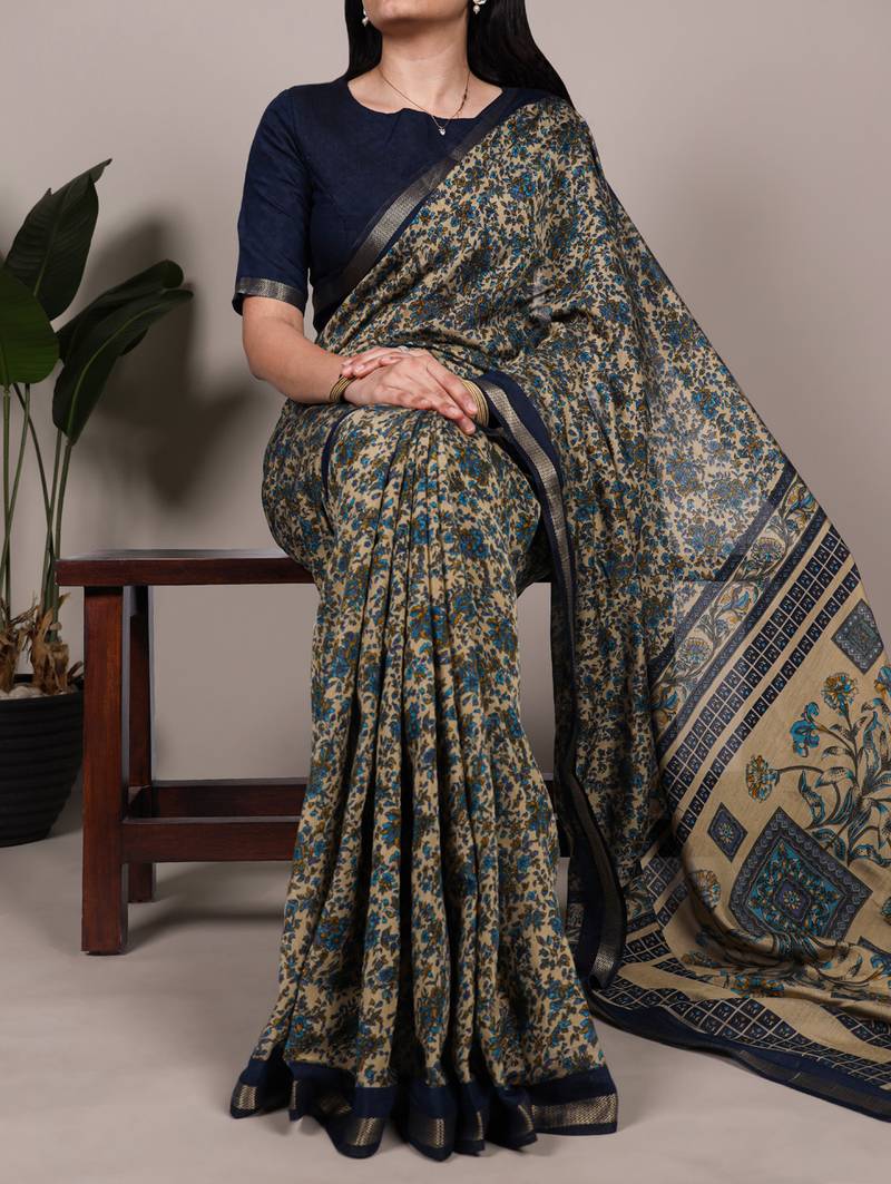 polyester viscose chanderi printed saree with zari weaving work