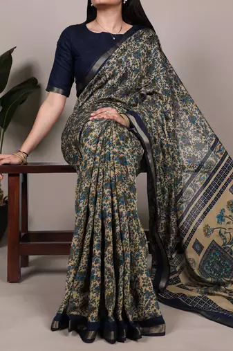 polyester viscose chanderi printed saree with zari weaving work