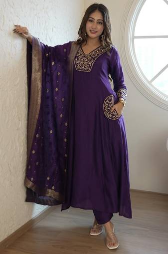 Floral embroidered blue v neck kurta set with trouser and dupatta