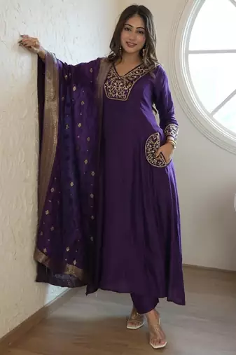 Floral embroidered blue v neck kurta set with trouser and dupatta