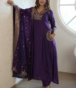 Floral embroidered blue v neck kurta set with trouser and dupatta