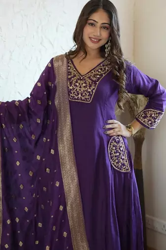 Floral embroidered blue v neck kurta set with trouser and dupatta