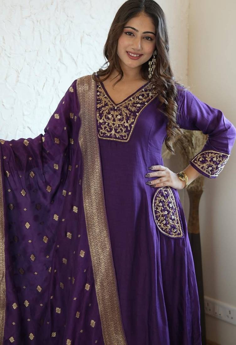 Floral embroidered blue v neck kurta set with trouser and dupatta