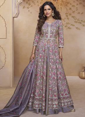 Blue georgette embroidered wedding wear lehenga style suit 1