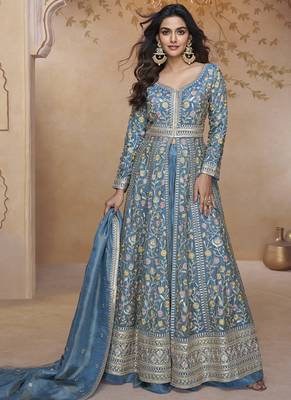 Sky blue simmar silk embroidered wedding wear lehenga style suit 1