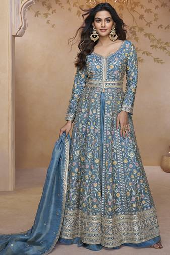 Sky blue simmar silk embroidered wedding wear lehenga style suit