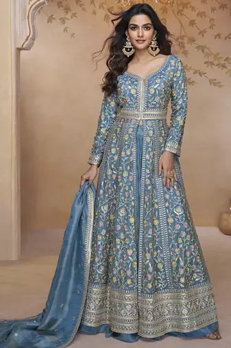 Sky blue simmar silk embroidered wedding wear lehenga style suit