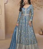 Sky blue simmar silk embroidered wedding wear lehenga style suit