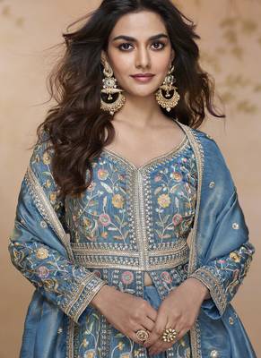 Sky blue simmar silk embroidered wedding wear lehenga style suit 2