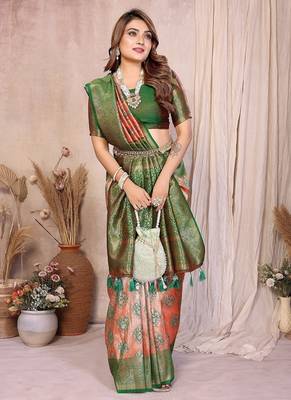 Orange Color Zari Weaving Banarasi Tissue Silk Saree 2