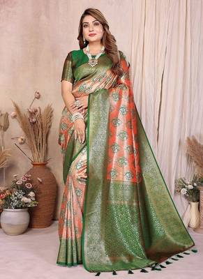 Orange Color Zari Weaving Banarasi Tissue Silk Saree 3