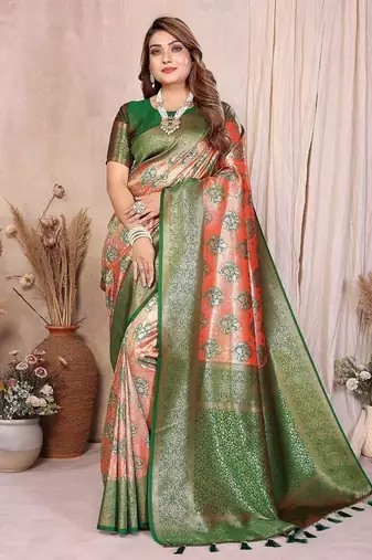 Orange Color Zari Weaving Banarasi Tissue Silk Saree