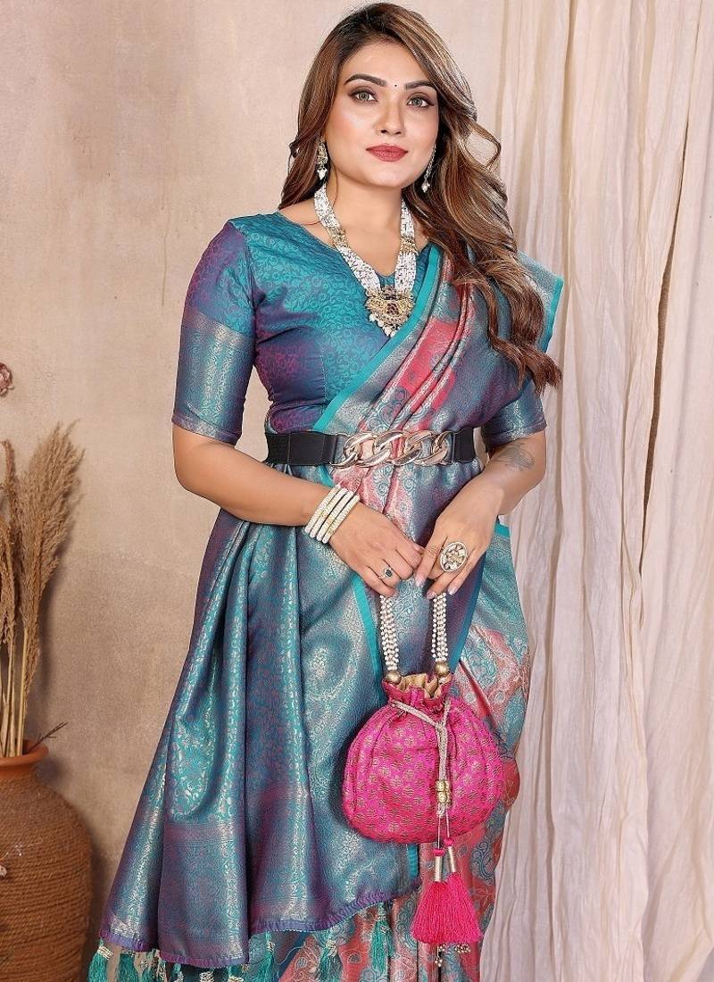 Pink Color Zari Weaving Banarasi Tissue Silk Saree