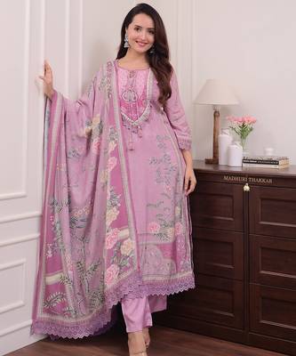 Floral embroidered pink round neck kurta set with trouser and dupatta 1
