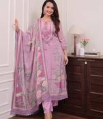 Floral embroidered pink round neck kurta set with trouser and dupatta