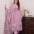 Floral embroidered pink round neck kurta set with trouser and dupatta