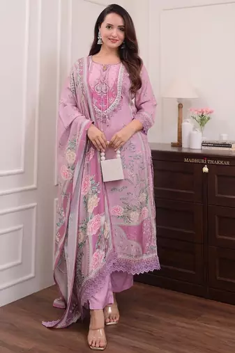 Floral embroidered pink round neck kurta set with trouser and dupatta