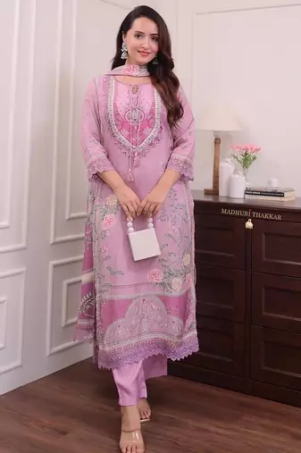Floral embroidered pink round neck kurta set with trouser and dupatta
